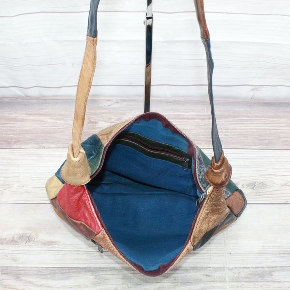 *Womens Multicolor Patchwork Leather Zip Top Hobo Purse Handbag Shoulder Bag - Picture 7 of 8